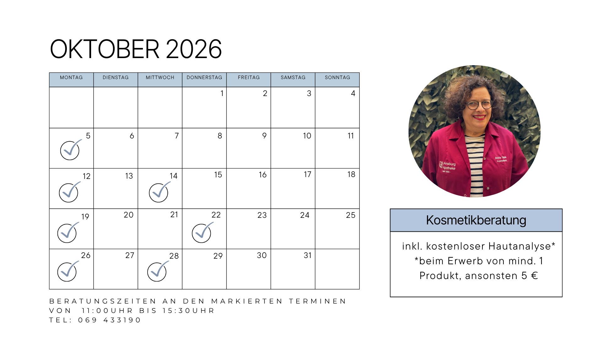 Kosmetiktermine für Oktober 2026 der Arnsburg Apotheke