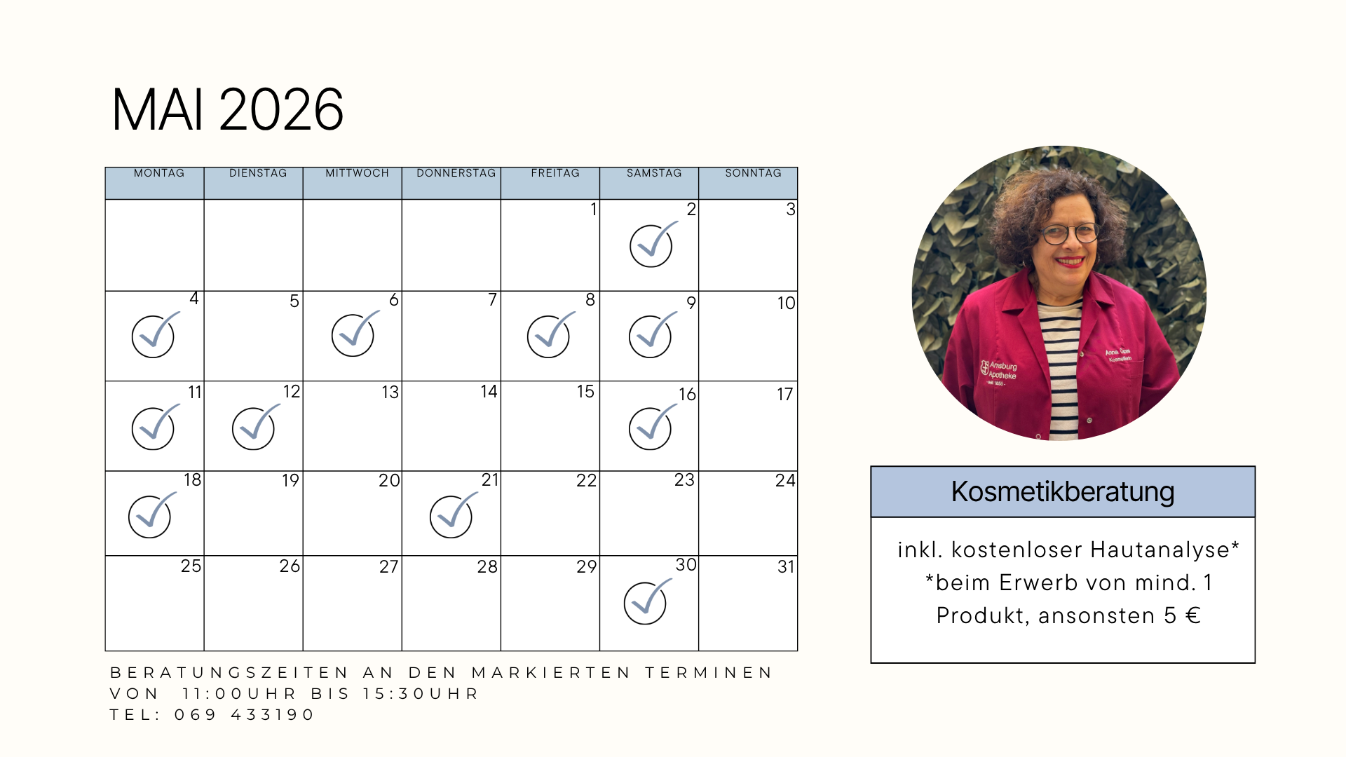 Kosmetiktermine für Mai 2026 der Arnsburg Apotheke