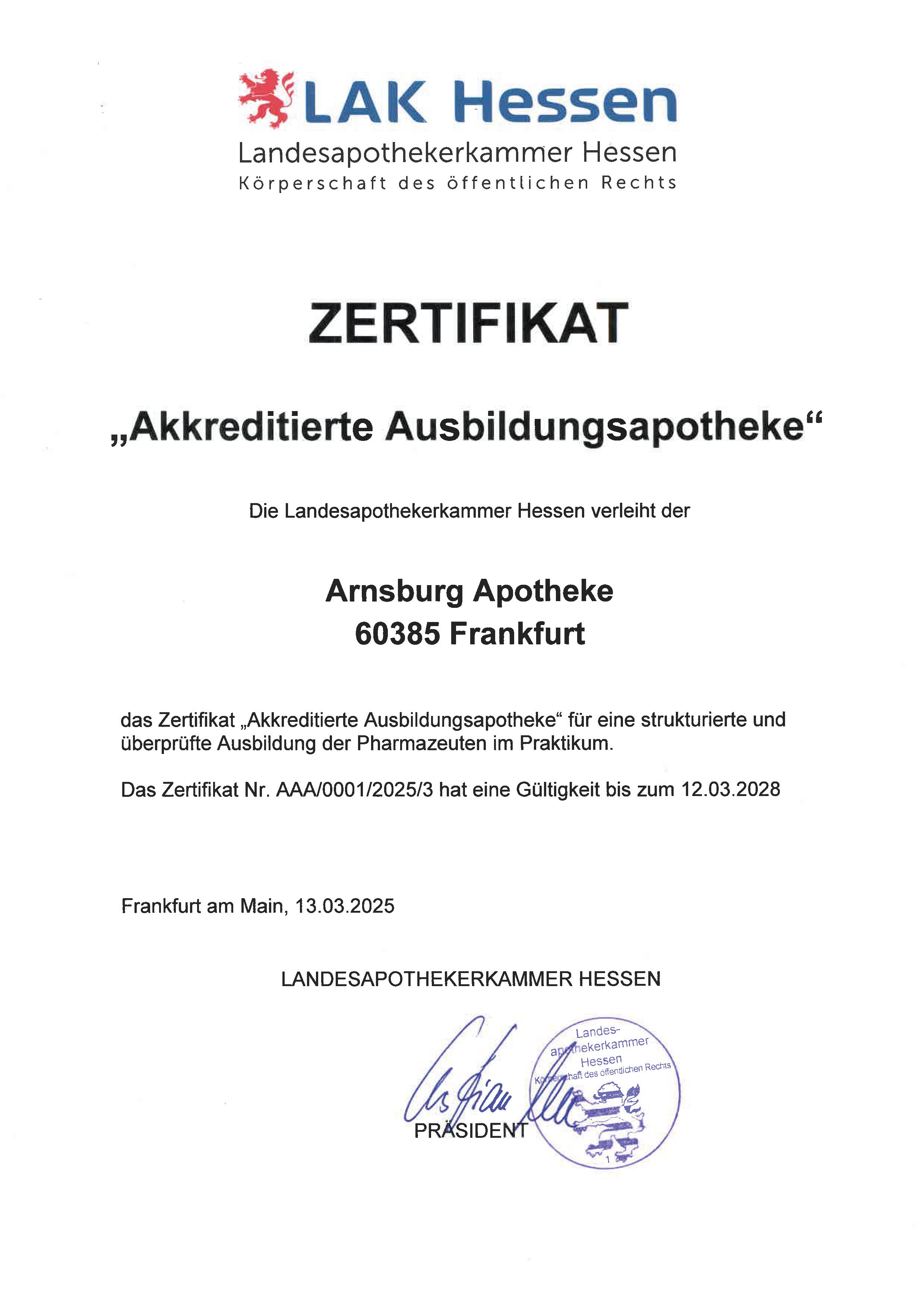 Zertifikat der Arnsburg Apotheke als Akkreditiertr Ausbildungsapotheke